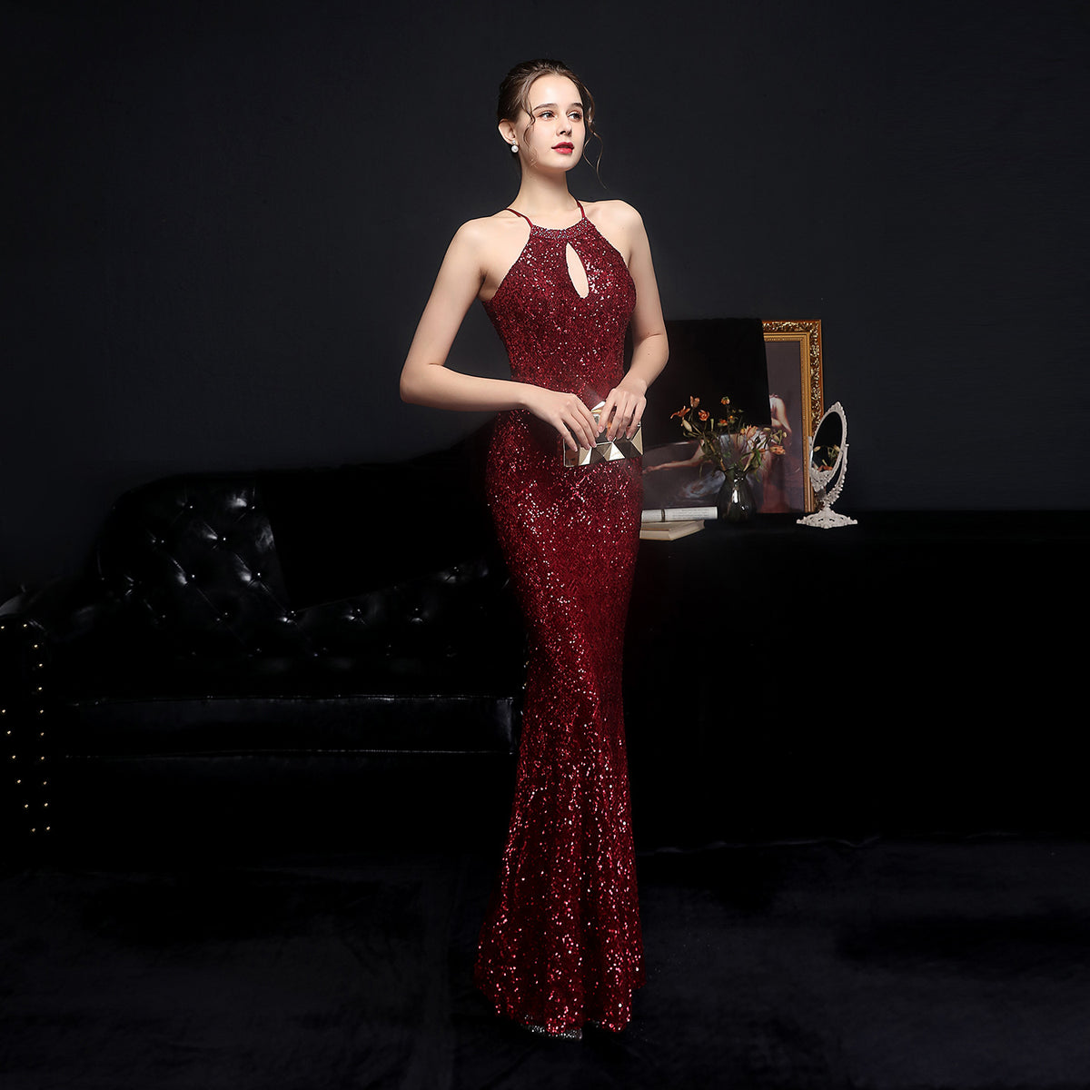 Women's Cocktail Long Halter Set Diamond Sequin Aura Queen Fishtail Dress