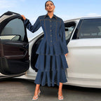Denim Collared Long-Sleeve Maxi Dress