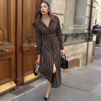 Lazy Elegant Collared Vertical Striped Shirt Mid Length Dress