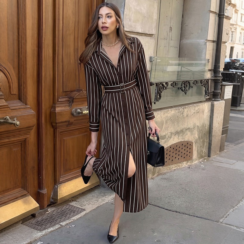 Lazy Elegant Collared Vertical Striped Shirt Mid Length Dress