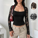 Women's Sexy Wind Black Lace Square Collar Long Sleeve Short Top Women