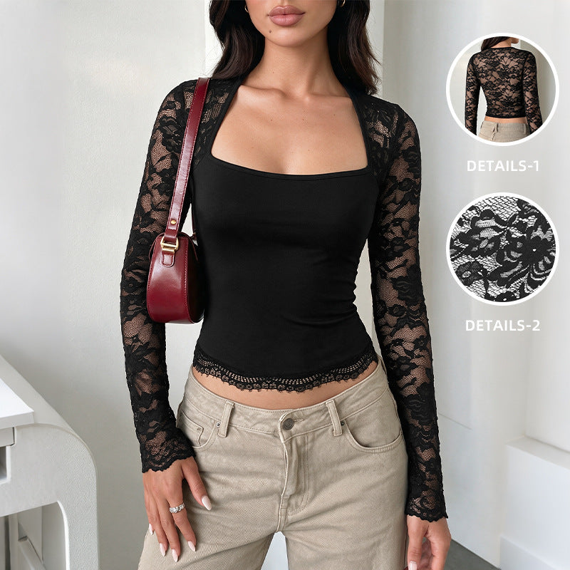 Women's Sexy Wind Black Lace Square Collar Long Sleeve Short Top Women