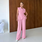 Pink Gentle Sleeveless Collar Loose Fitting Waistcoat High-Waisted Pocket Wide Leg Pants Summer Casual Set
