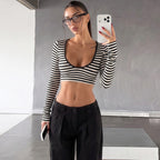 Women's Autumn Sexy Cropped Long Sleeve Inner Bottoming Shirt Striped Top