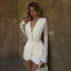 Women's Women Clothing Autumn Solid Color Pleated Button Tight Edge Long Sleeve Jumpsuit T Shirt Top For Women