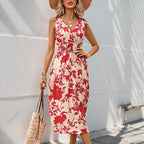 Women's Red Floral Bow Summer Vacation Dress