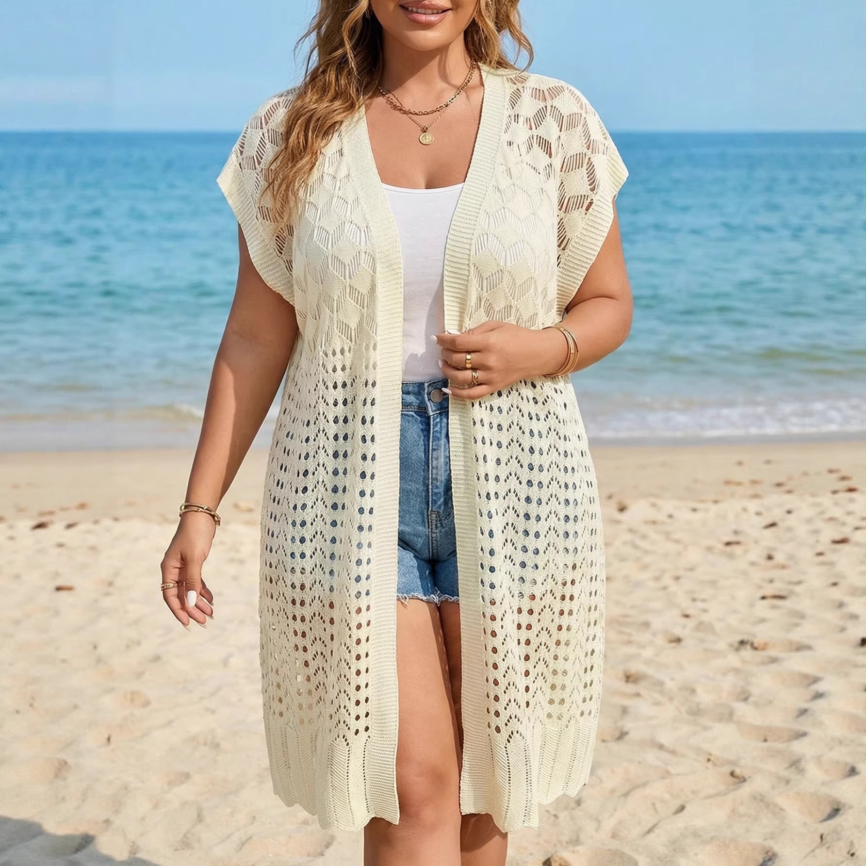 Plus Size Women Clothing Sexy Cutout Beach Sun Protection Blouse Cardigan Coat