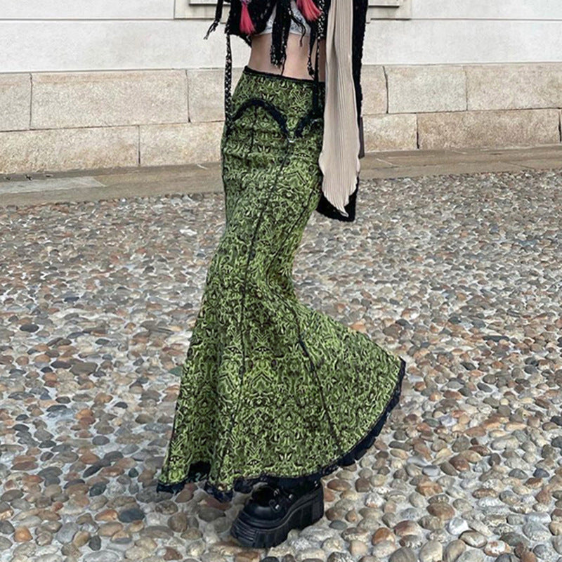 Women's Retro Printing Reverse Stitching Lace Edge Irregular Skirt