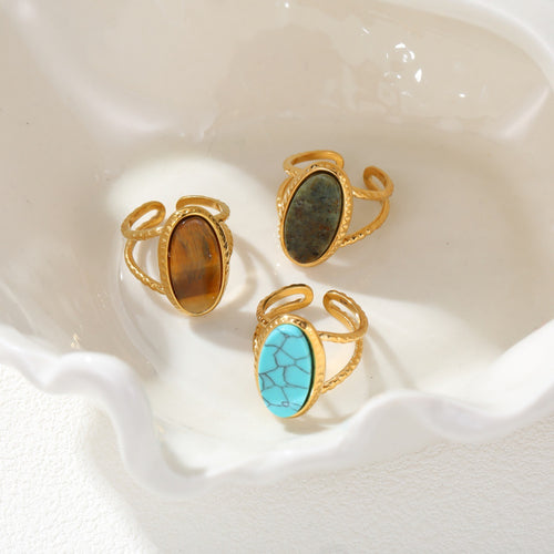 Stainless Steel Bohemian Oval Colored Gems Twisted Edge Open Ring Women Niche Design Ornament