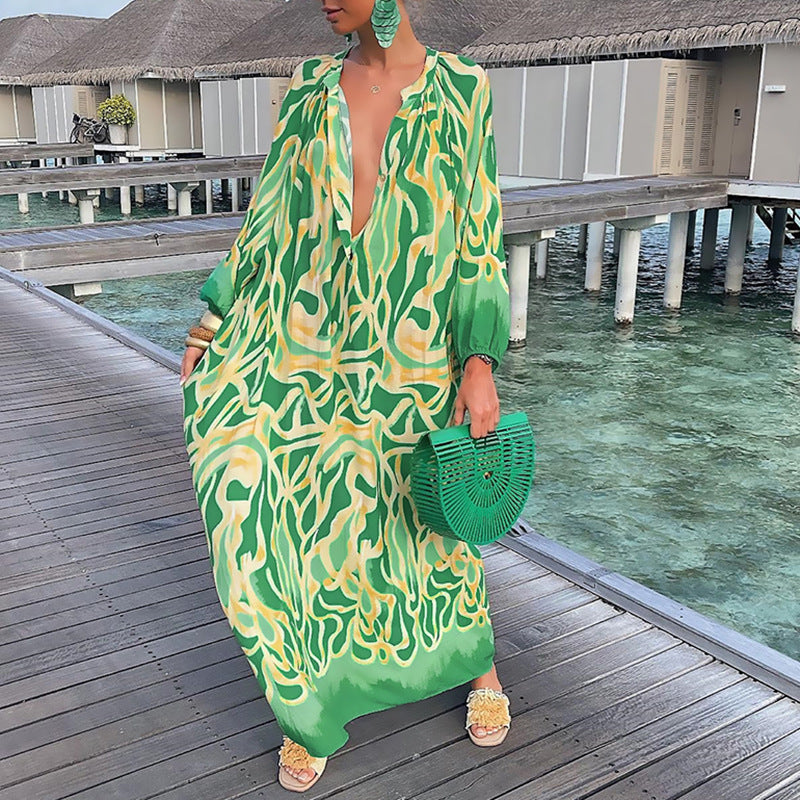 V-Neck Printed Wide Hem Maxi Dress