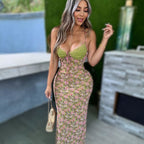 Women's Green Floral Lace Backless Cami Dress