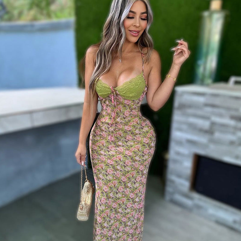 Women's Green Floral Lace Backless Cami Dress