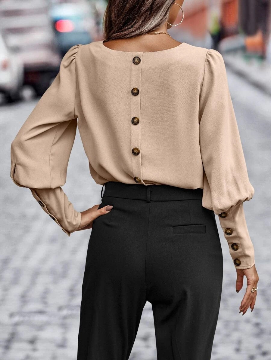 Women's Button-Front Long-Sleeve Blouse – Relaxed Office Top