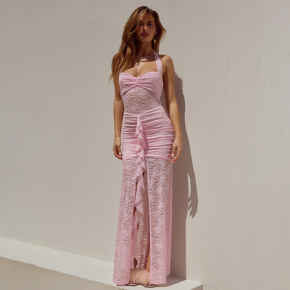 Women's Halter Lace Maxi Dress Sleeveless Backless Slim Fit Dress