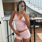 Women's Casual Homewear Small Floral Lace Camisole Shorts Pajamas Two