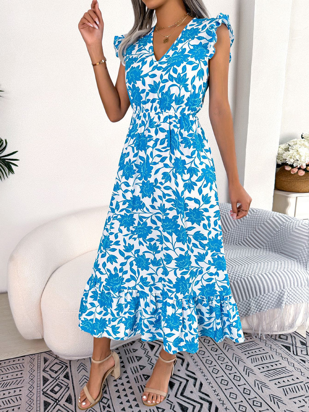 Women's Spring Summer Casual Wooden Ear Floral Waist Slimming Maxi Dress Holiday Dress Women Clothing