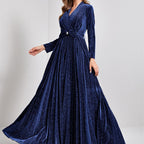 Evening Dress V neck Long Sleeve Big Hem Elegant Dance Dress Party Dress Bridesmaid Dress