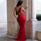 Metal Decoration Backless Dress One-Shoulder Slim