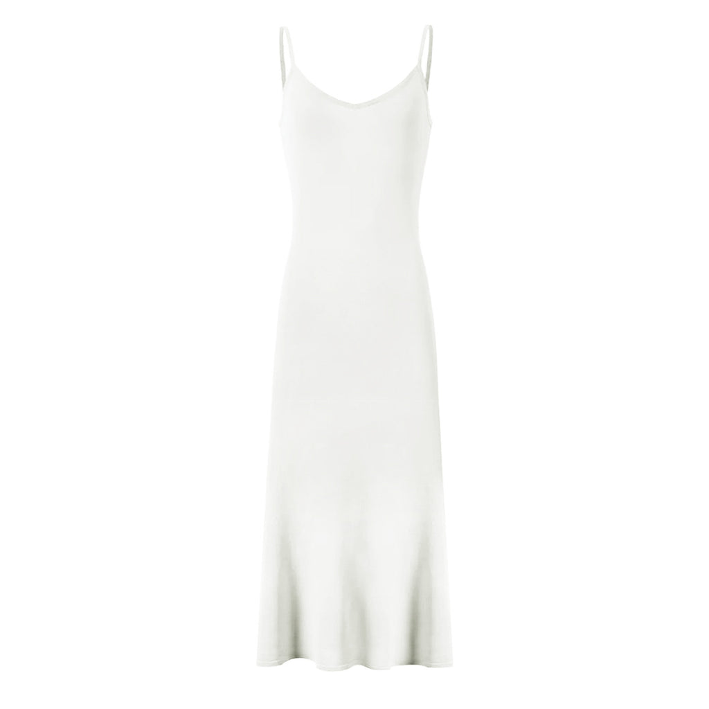 White maxi silk slip dress, thin spaghetti straps, straight skirt