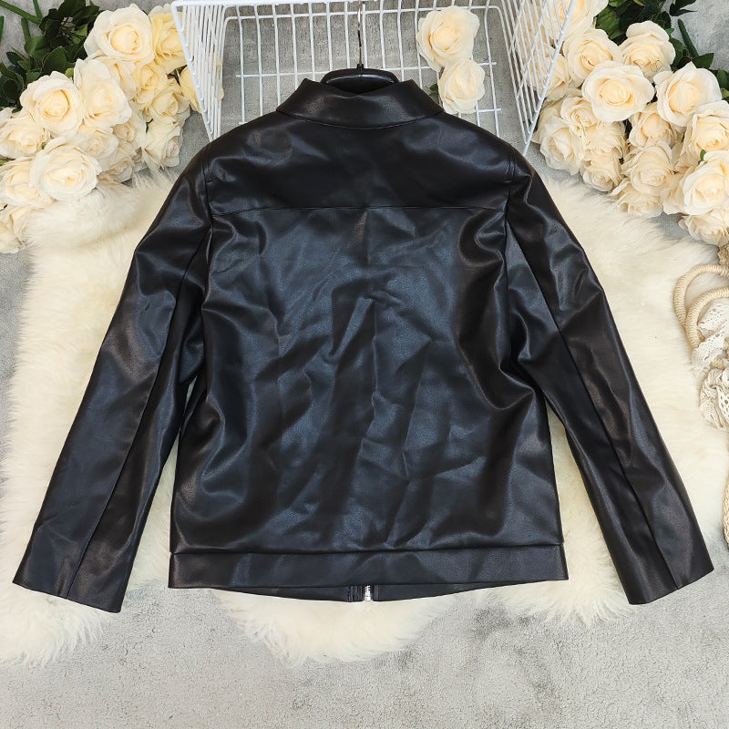 Women's Faux Leather Collared Coat