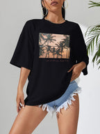 Women's Casual Black T Shirt Simple Round Neck Short Sleeve Women Top Loose Landscape Printing T Shirt