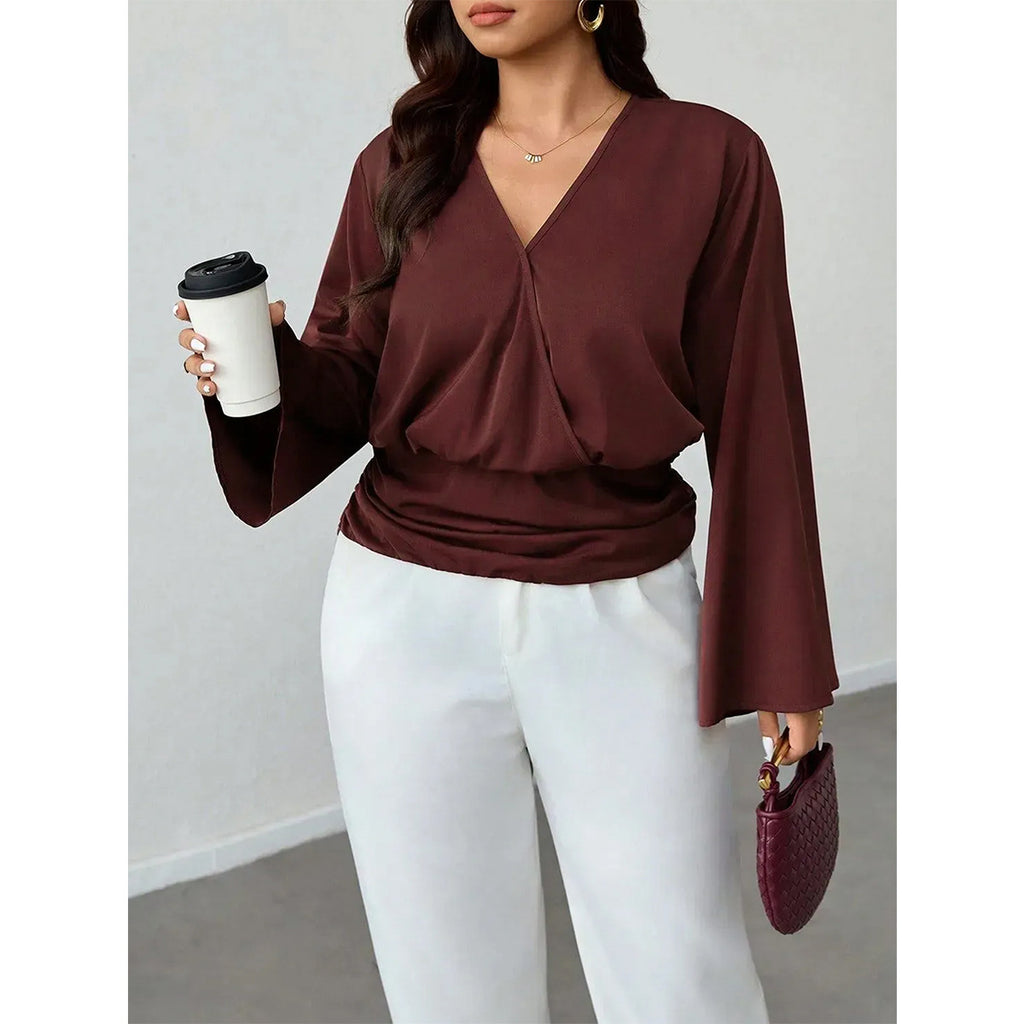Plus Size V neck Waist Controlled Long Sleeves Top Draping Bell Sleeve