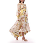 Retro Oil Painting Printing Autumn High Neck Puff Sleeve