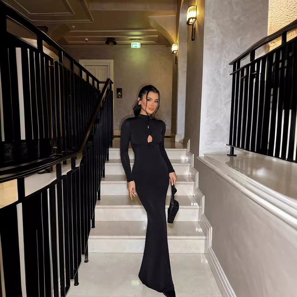 Women's Stand-Collar 3D Cutout Long-Sleeve Maxi Dress