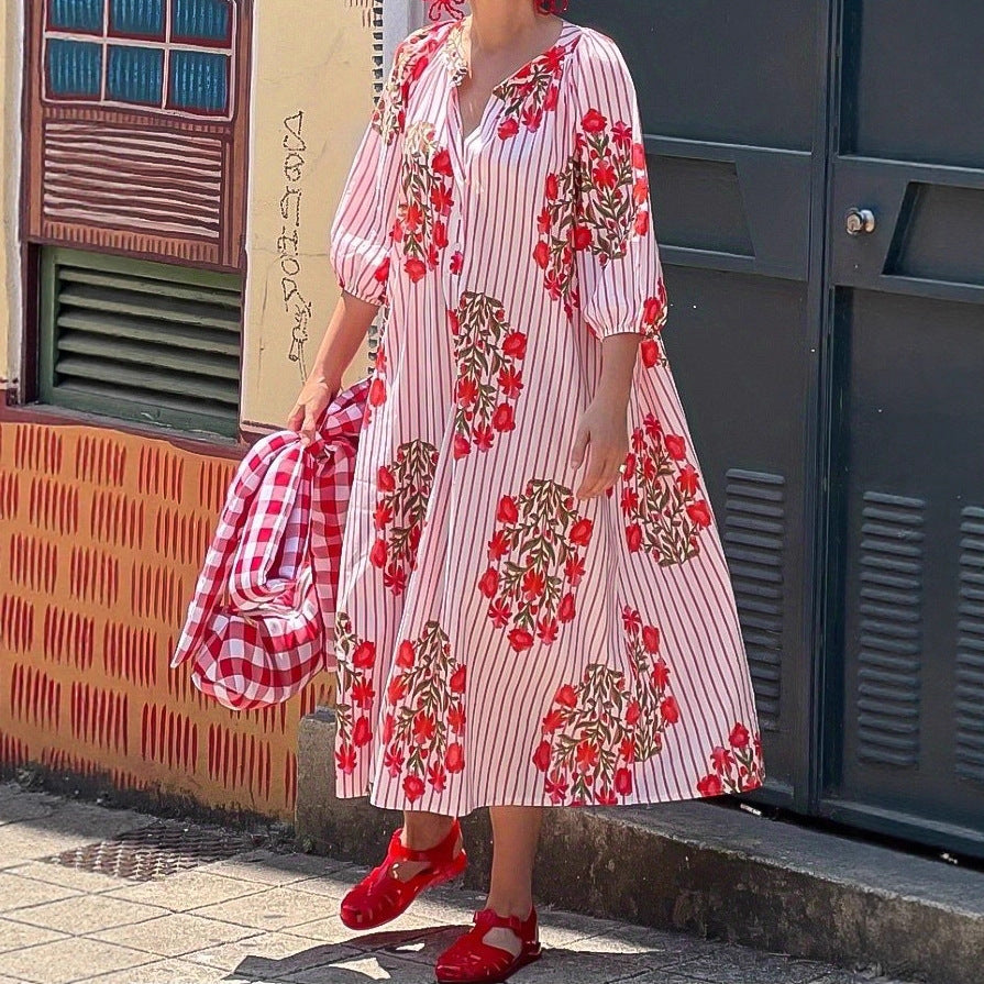 Women Loose Casual Vacation V neck 3/4 Sleeves Dress