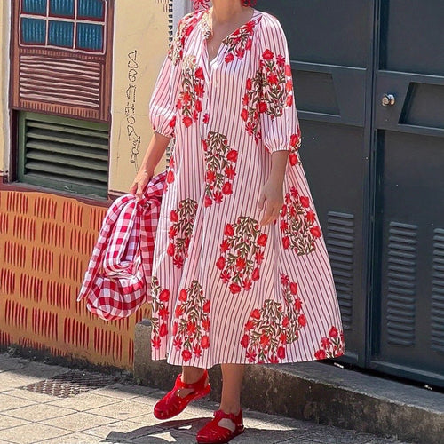 Women Loose Casual Vacation V neck 3/4 Sleeves Dress