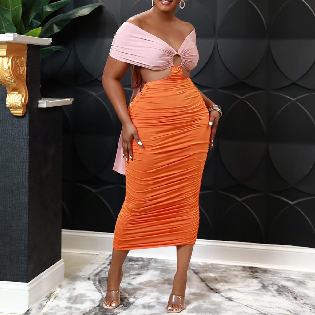 Women's Backless Lace-Up Pleated Color-Block Dress