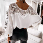 Women's Spring Autumn Long Sleeve Lace Shirt Solid Color Office Top Round Neck