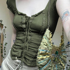 Women’s Green Vintage Square Neck Lace Up Top