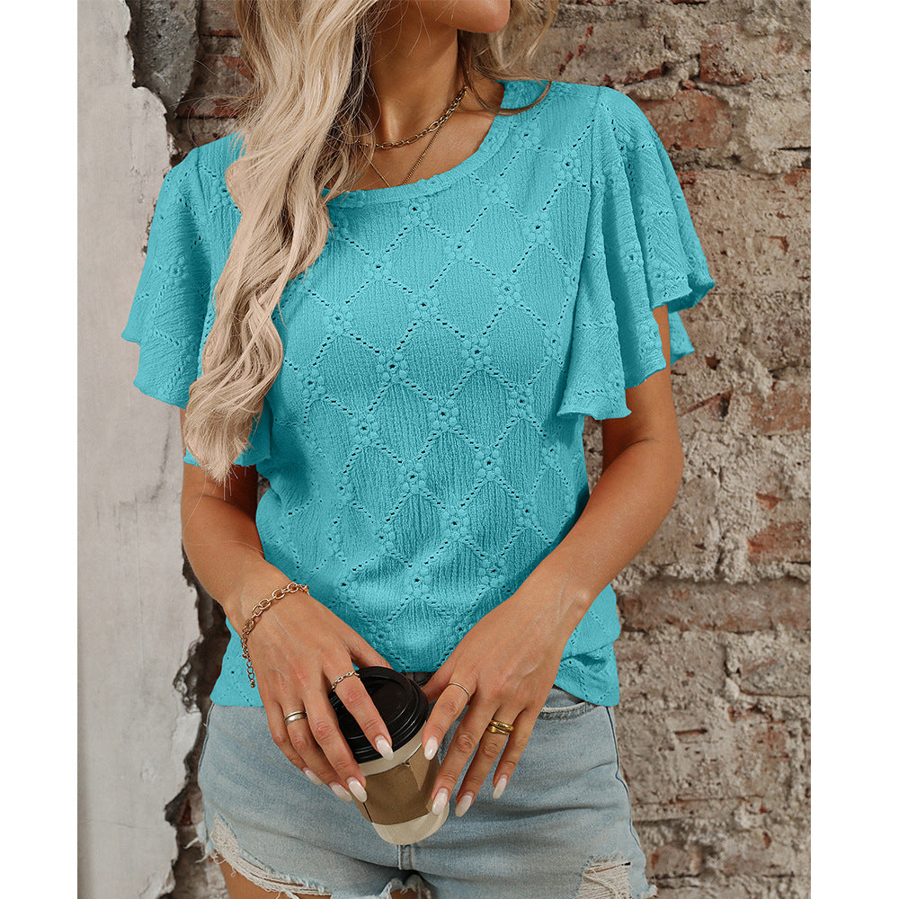 Women's T-Shirt Floral Cutout Ruffle Sleeve