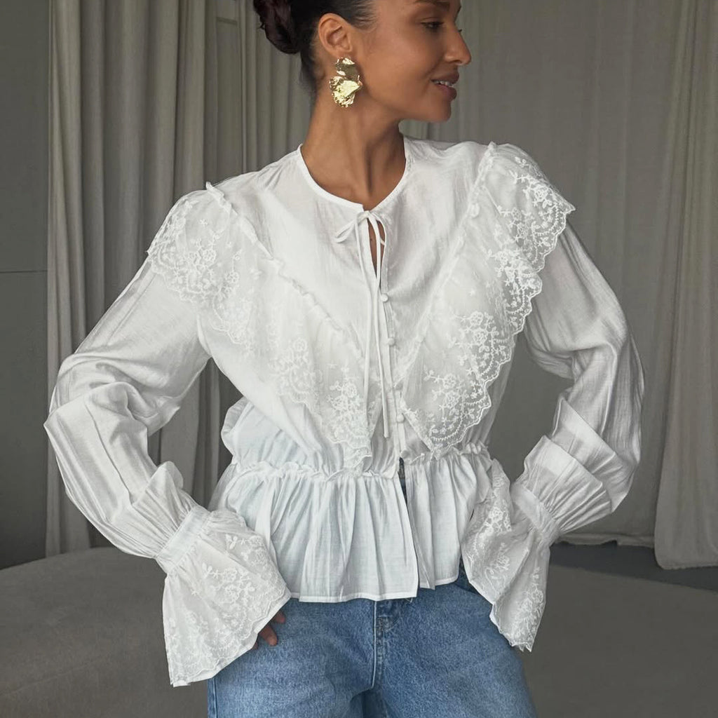 French Lace Stitching Tied Waisted Long Sleeved Shirt Women