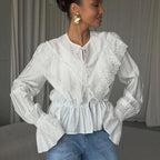 French Lace Stitching Tied Waisted Long Sleeved Shirt Women