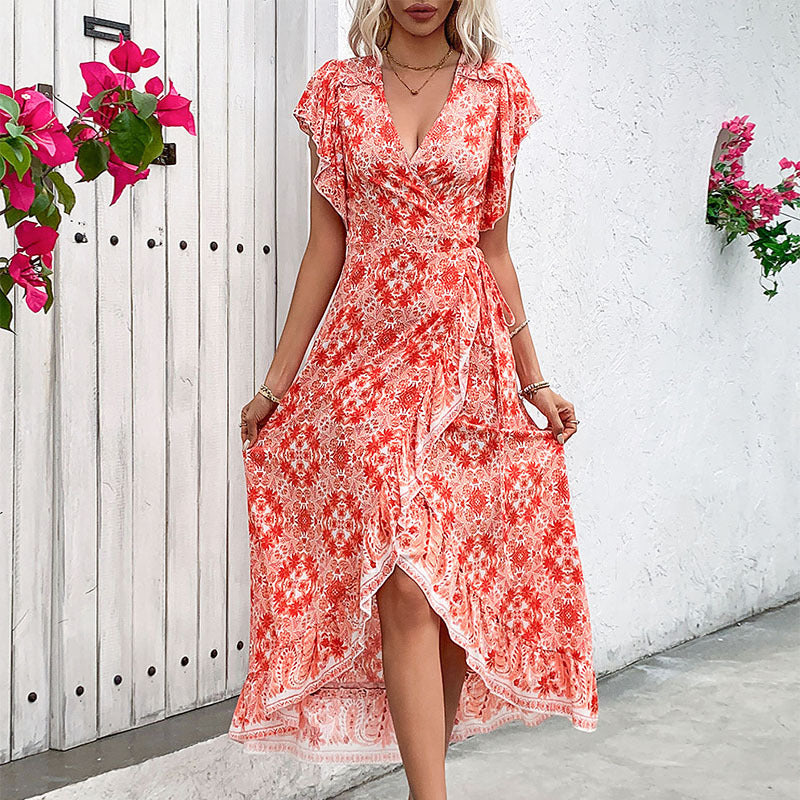 Women's Floral V-Neck Ruffled Wrap Maxi Dress