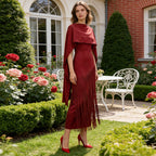 Spring Elegant Retro Faux Two Piece Long Skirt Shawl Design Tassel Dress S