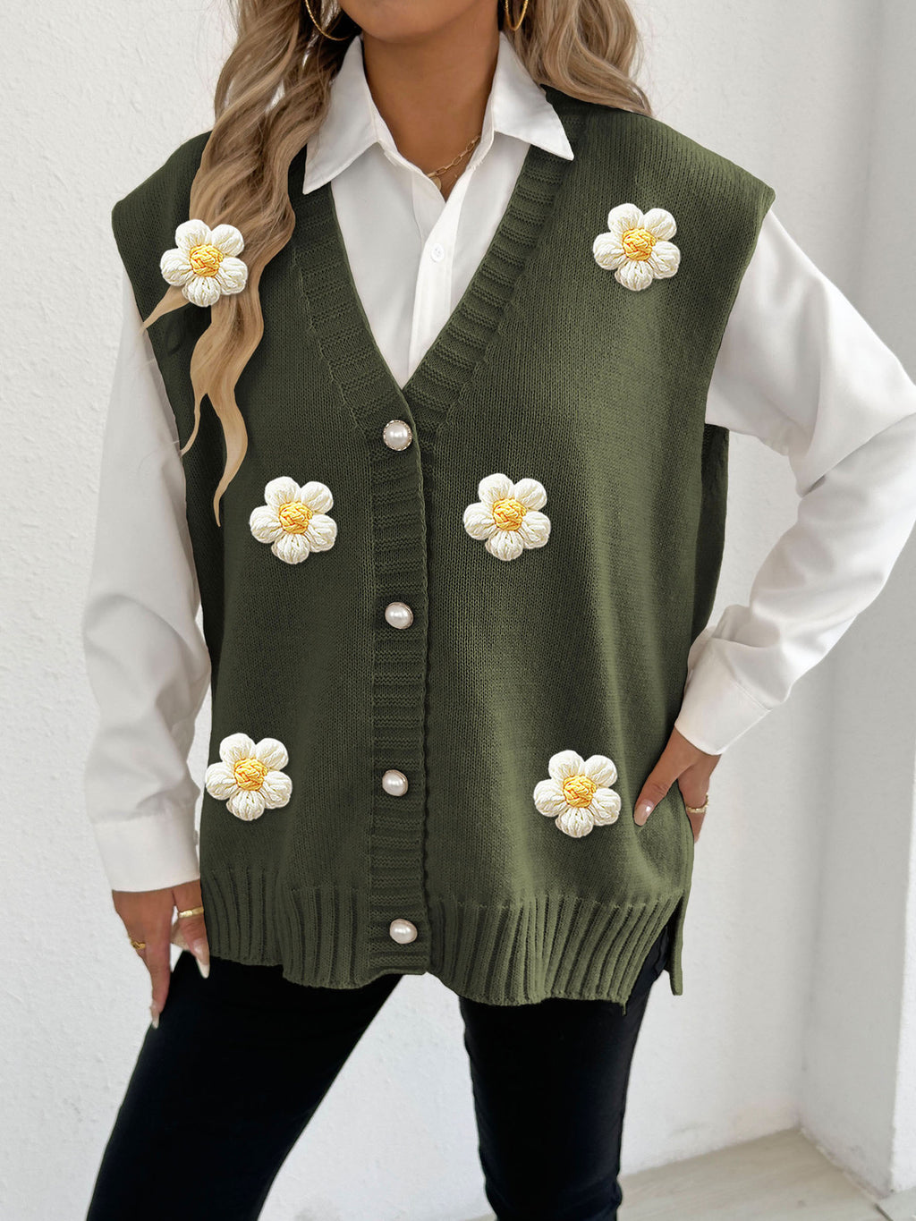 Army Green 6 White Flowers