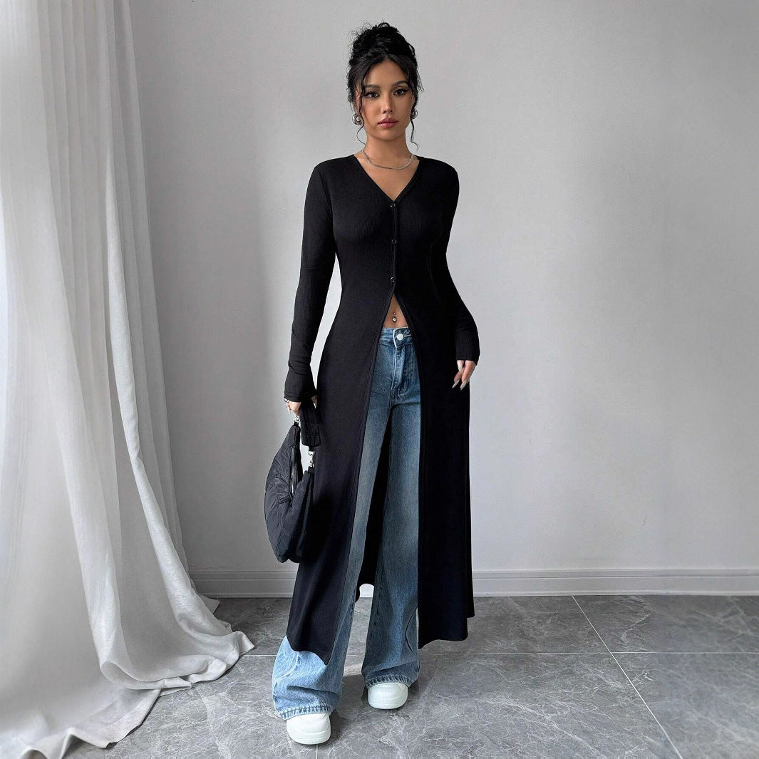 Long Button Fitted Cardigan Top