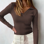 Women’s Black Ribbed Deep V Polo Top