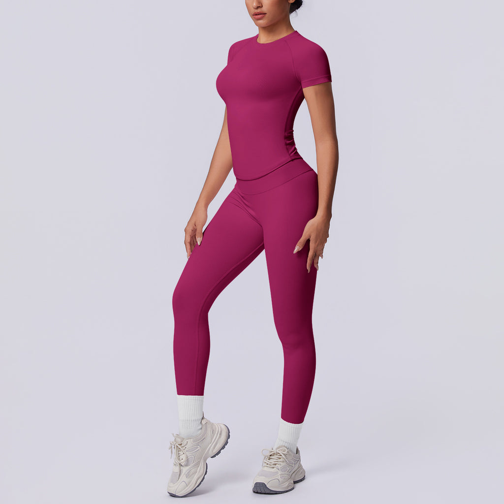 Seamless Knitted Short Sleeved Trousers Solid Color Three Section Waist Peach Hip Breathable Hip Raise Fitness Pants Yoga Set Women