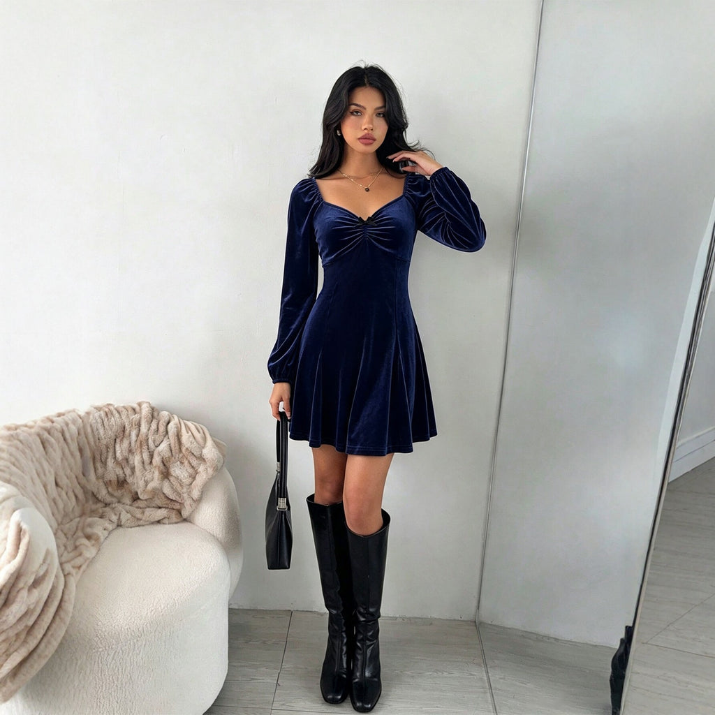 Women's Velvet V-Neck Bow-Detail Mini Dress