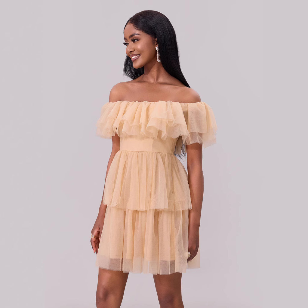 Off-Shoulder Mesh Ruffle Tiered A-Line Mini Dress