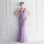 Women's Popular Mesh Beads Sequined Dress Long Evening Dress Star Event Exhibition Stage