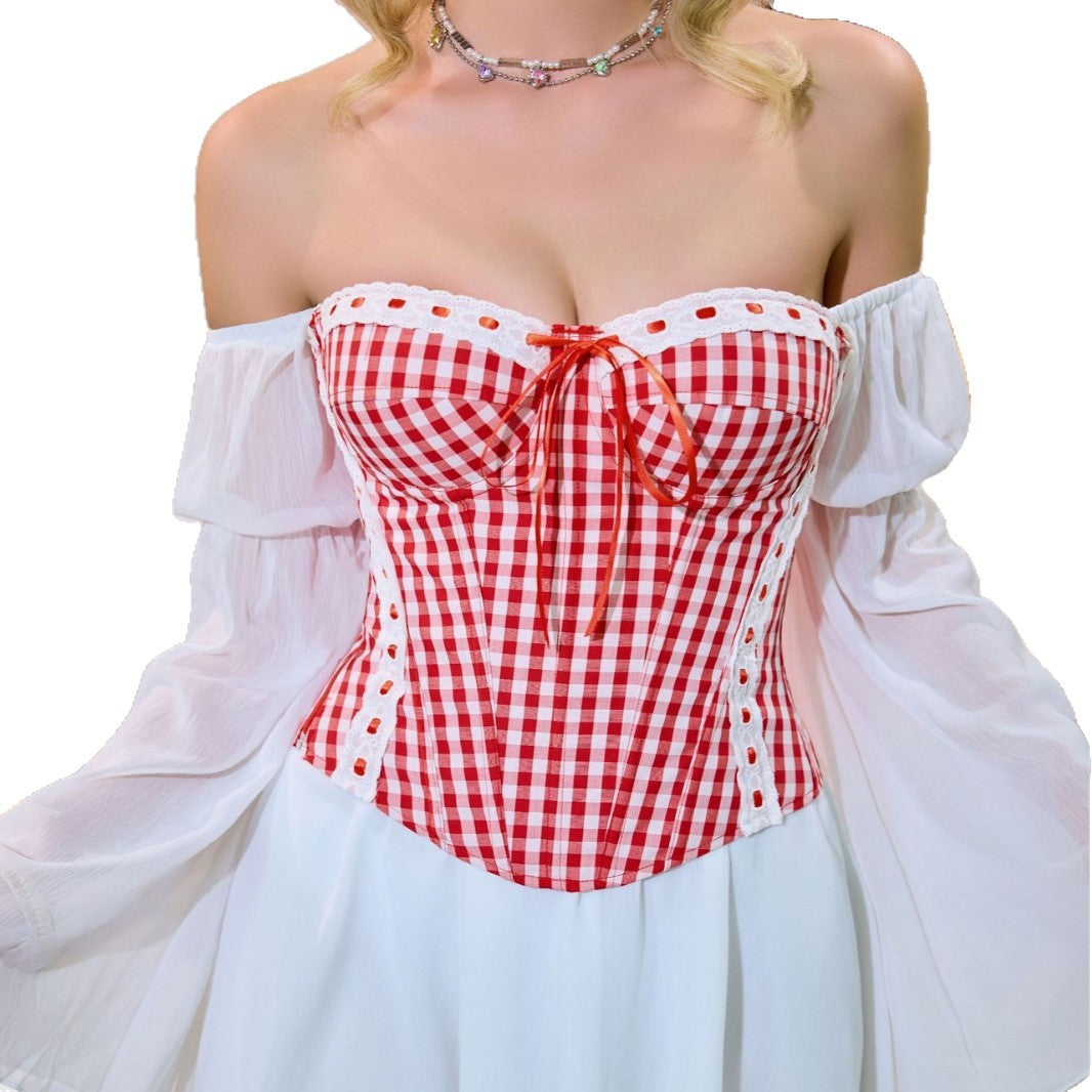 Red White Checkered Close Fitting Body Shaping Top Sweetheart Collar Tight Waist Strapless Slim Fit Tube Top Corset Underwear