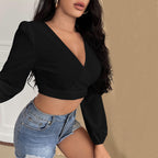 Women's Design V Neck Long-Sleeved T Shirt Backless Short Top Women