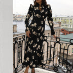 's Printed Stand Collar Long Sleeved Dress For Autumn Office High Waist Dress