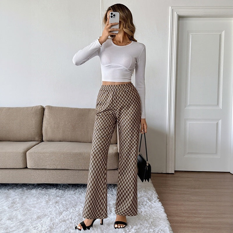 Autumn Office Plaid Bootcut Trousers Women Look Tall