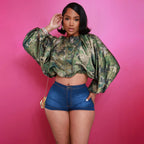 Camo Print Zip Front Cropped Jacket Top